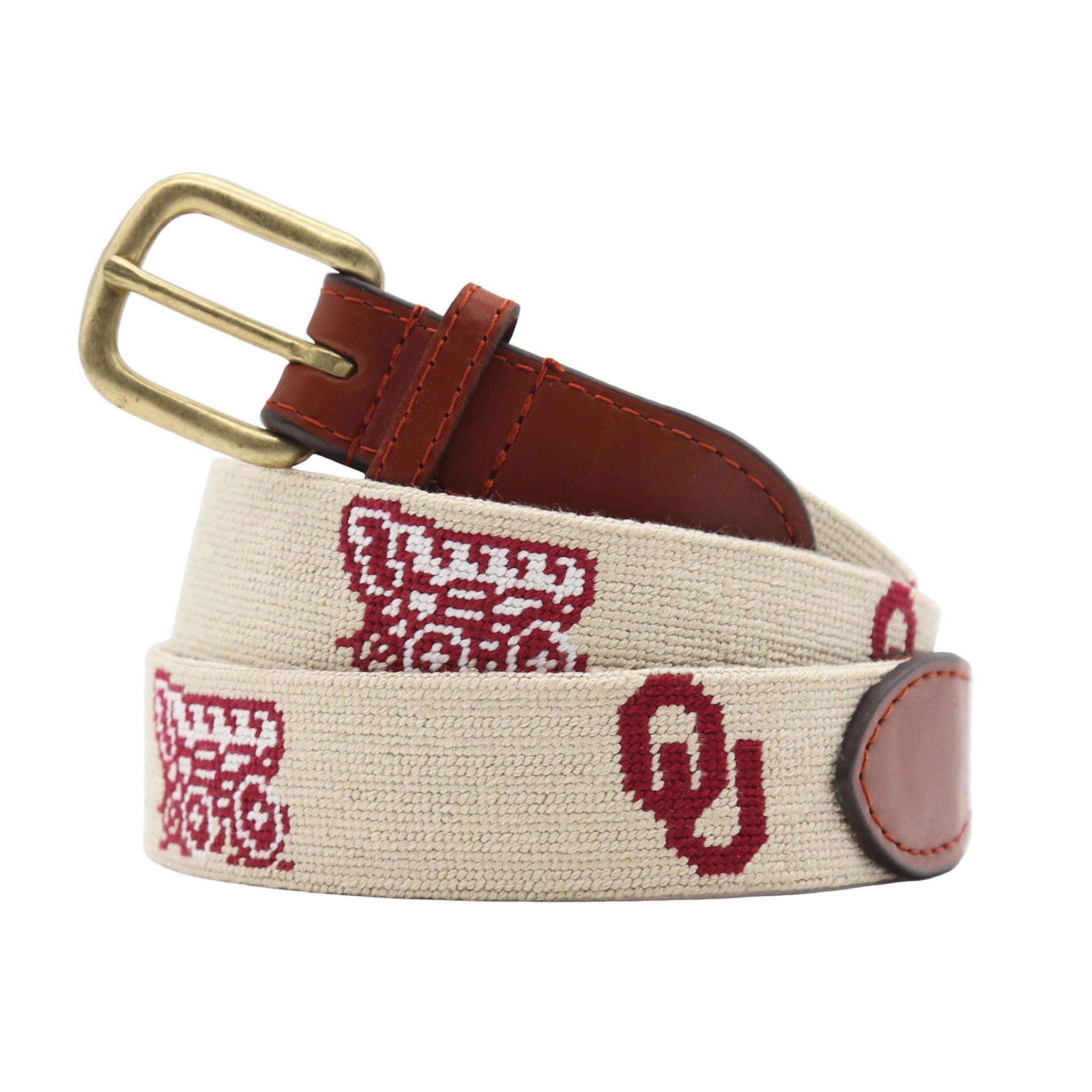 Smathers and Branson Oklahoma OU-Wagon Light Khaki Needlepoint Belt 