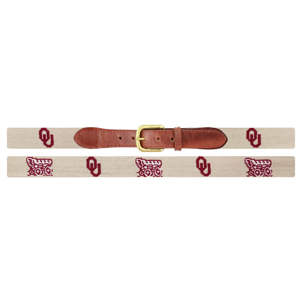 Smathers and Branson Oklahoma OU-Wagon Light Khaki Needlepoint Belt Laid Out 