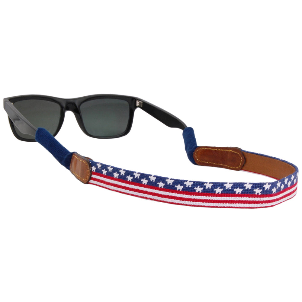 Smathers and Branson Old Glory Multi Needlepoint Sunglass Strap Attached to glasses  