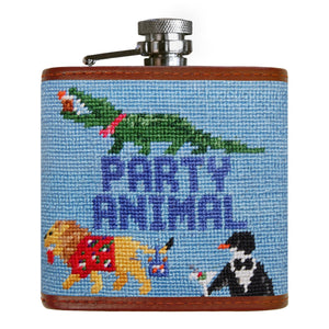 Smathers and Branson Party Animal Light Blue Needlepoint Flask Front 