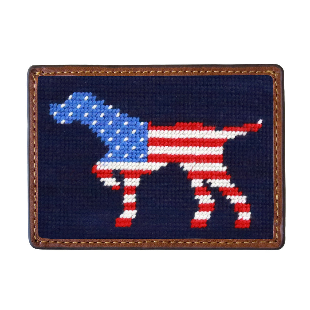 Smathers and Branson Patriotic Dog On Point Dark Navy Needlepoint Credit Card Wallet Front side