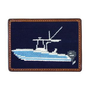 Smathers and Branson Power Boats Dark Navy Needlepoint Credit Card Wallet Front side