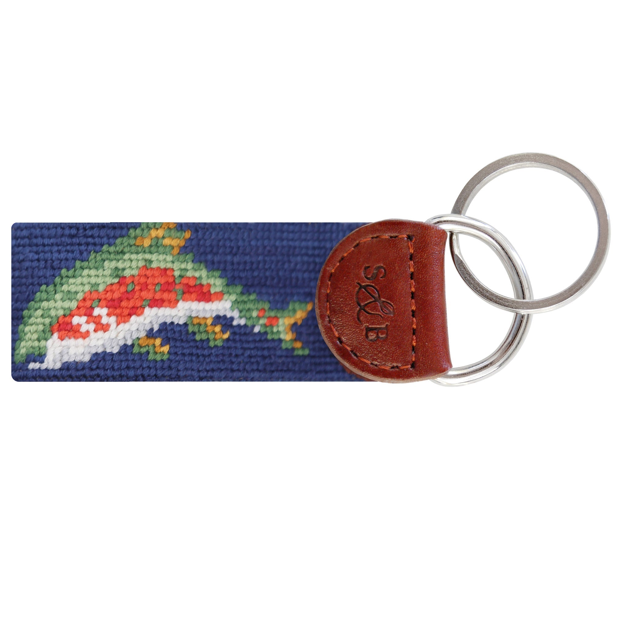 Smathers and Branson Rainbow Trout and Fly Classic Navy Needlepoint Key Fob Back 