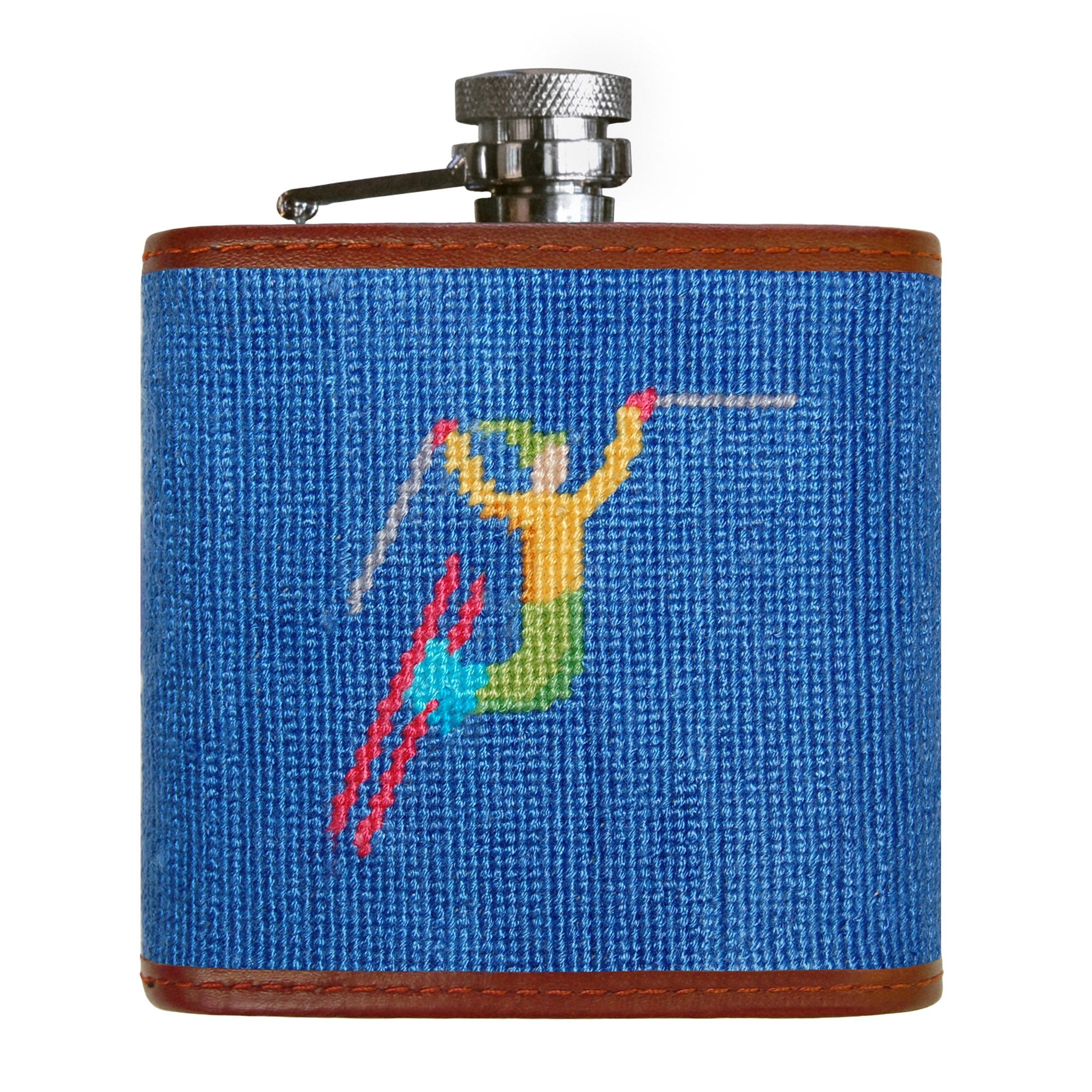 Smathers and Branson Ski Tricks Cobalt Needlepoint Flask Front 