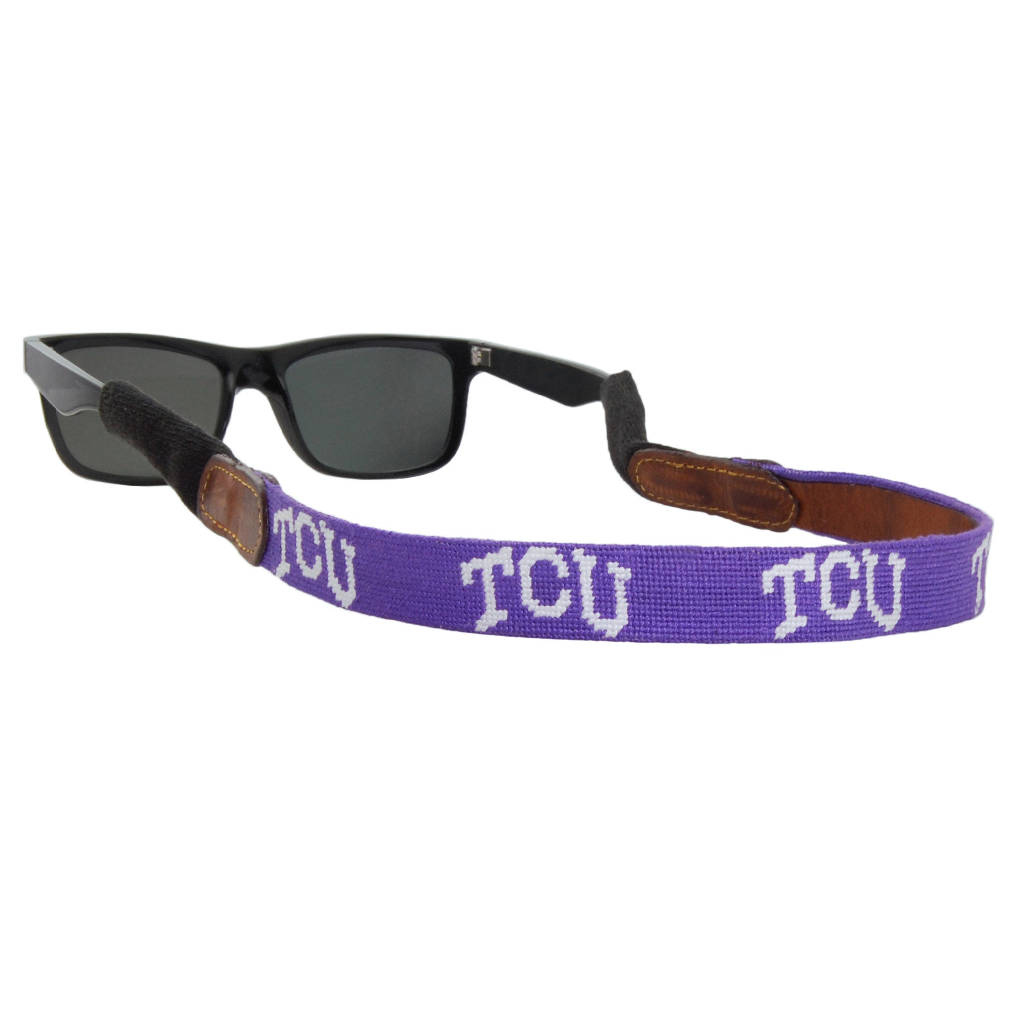 Smathers and Branson TCU Needlepoint Sunglass Strap Attached to glasses  