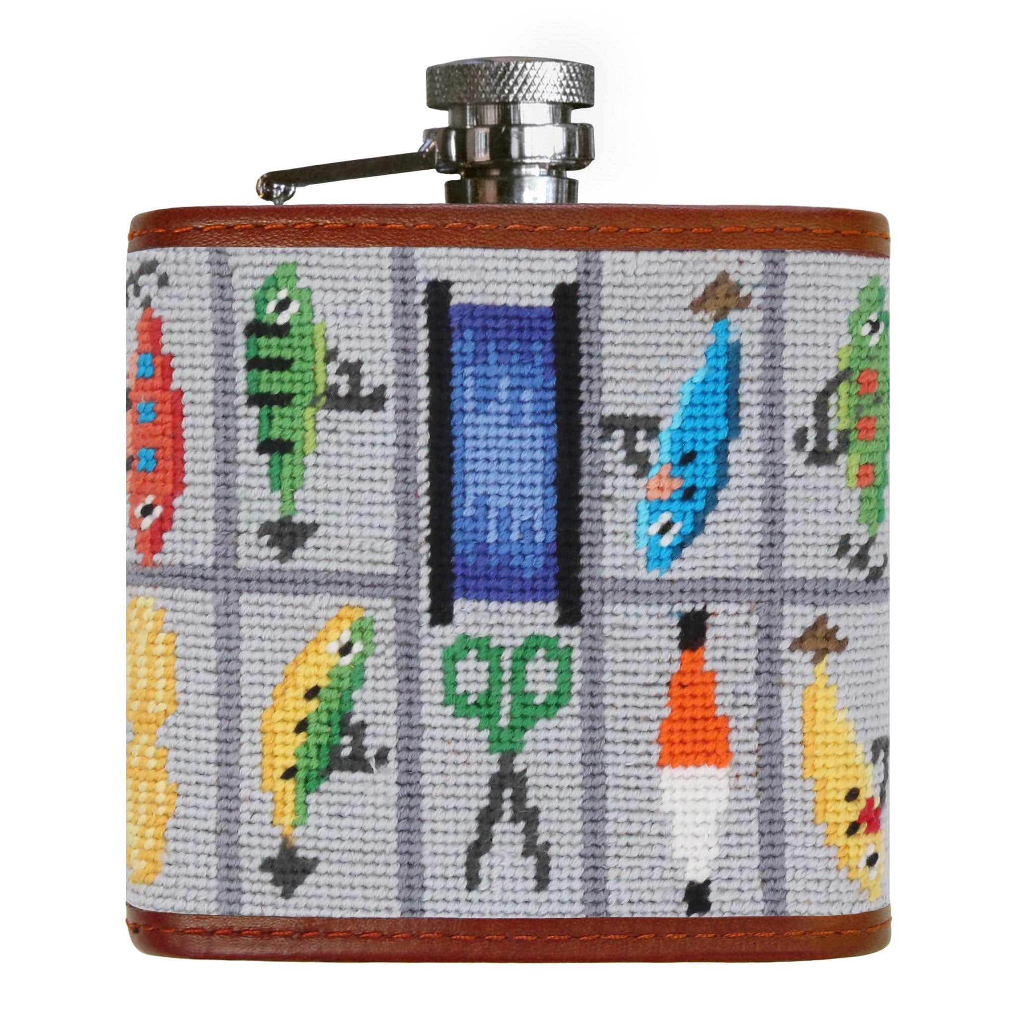 Smathers and Branson Tackle Box Multi Needlepoint Flask Front 