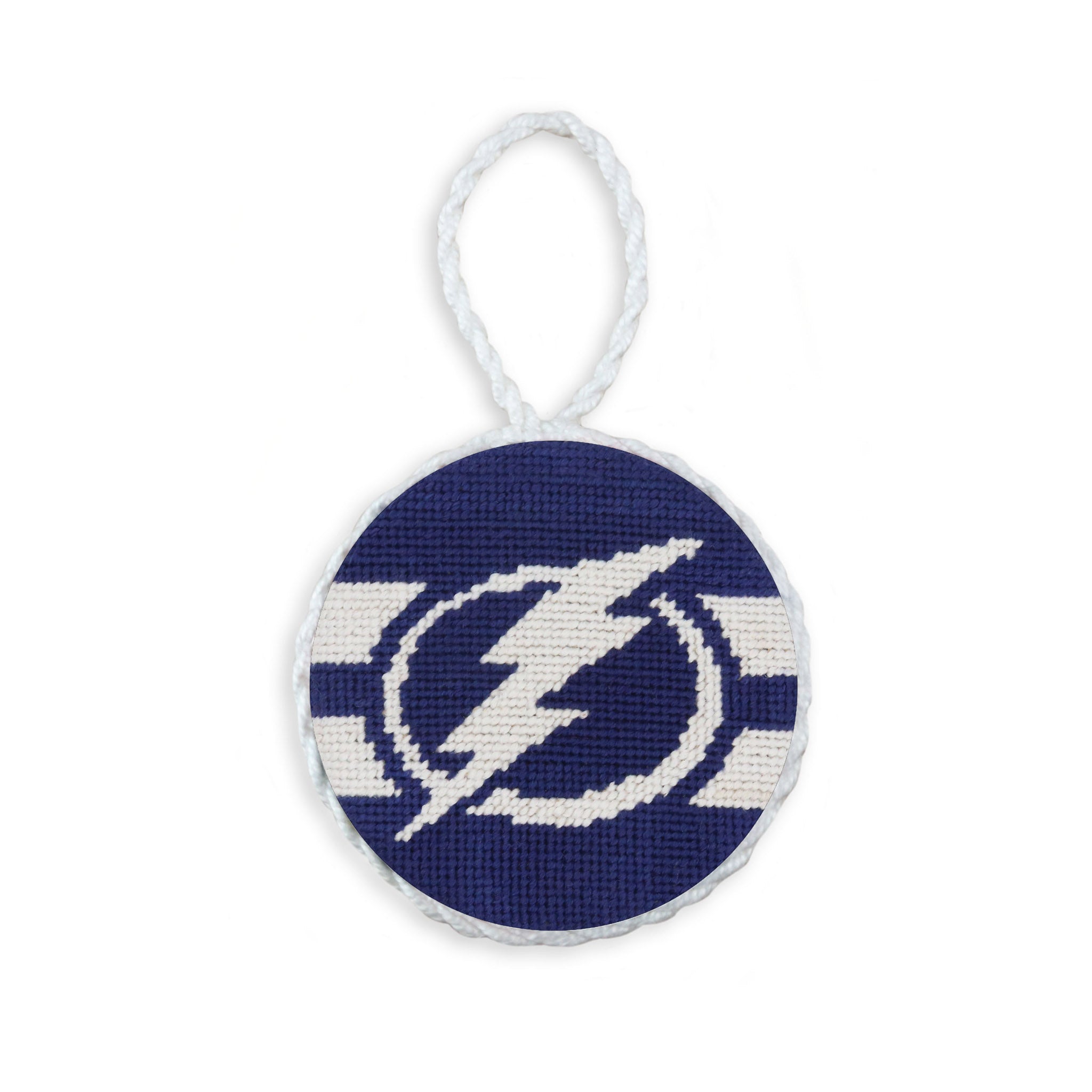 Smathers and Branson Tampa Bay Lightning Needlepoint Ornament Classic Navy - Jersey Stripes White Cord  