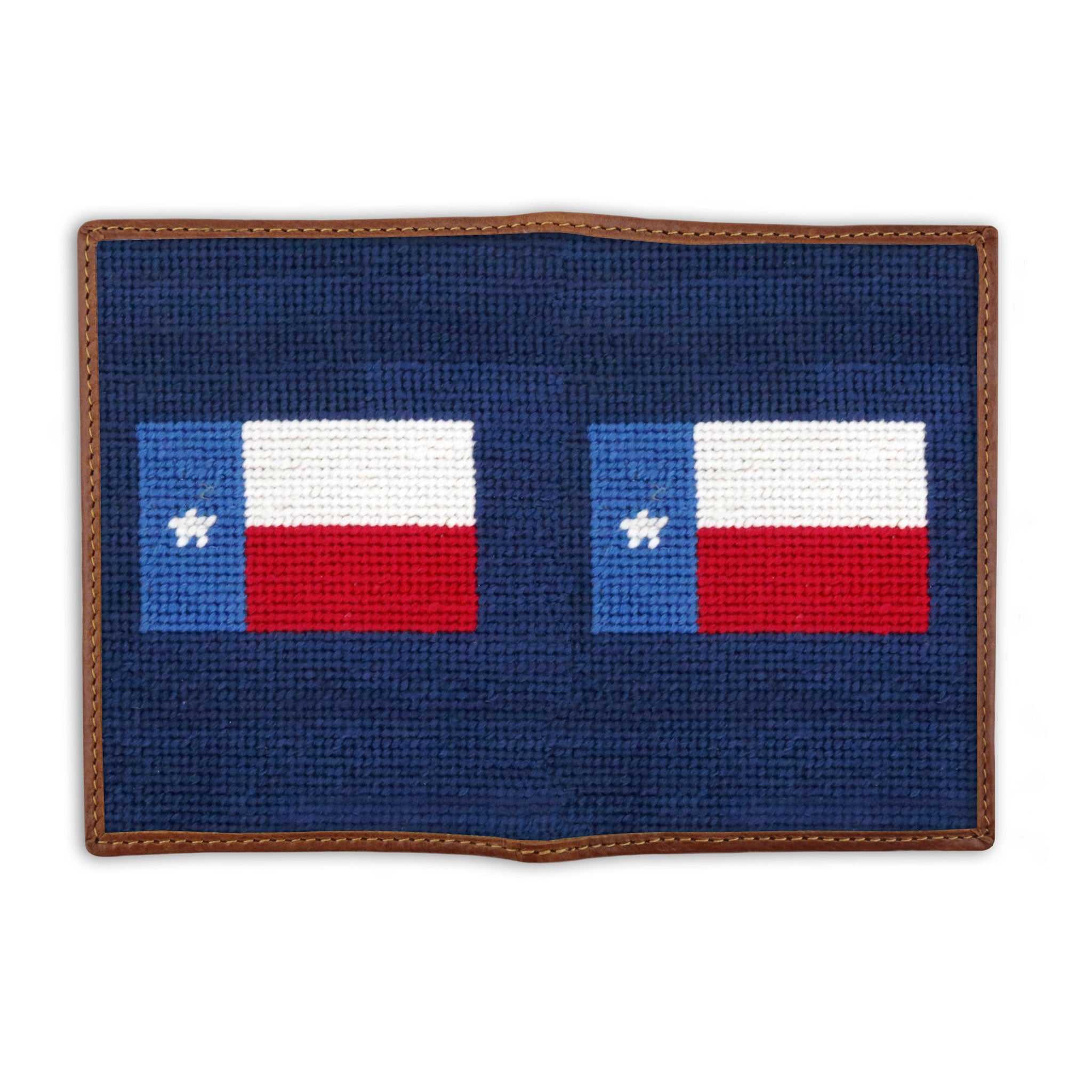 Smathers and Branson Texas Flag Classic Navy Needlepoint Passport Case Opened 