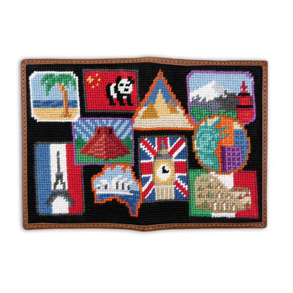 Smathers and Branson Travel Stickers Black Needlepoint Passport Case Opened 