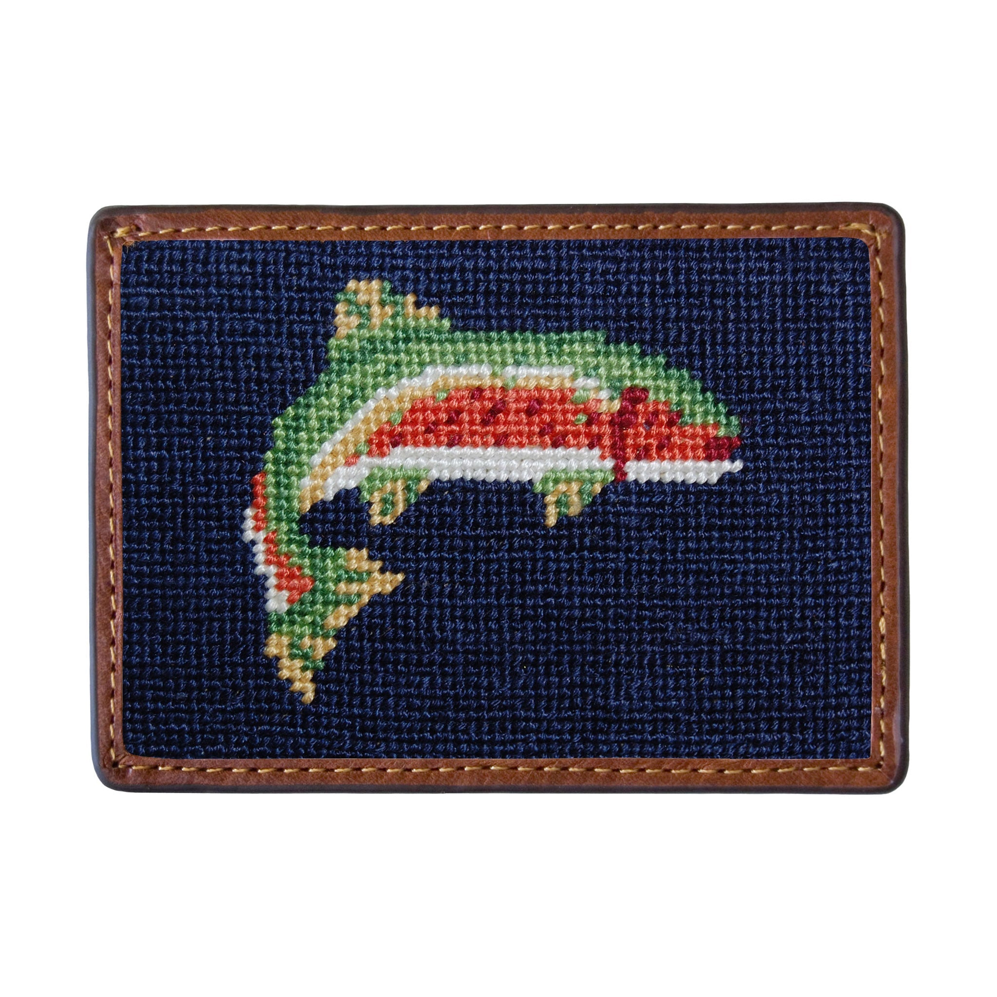 Smathers and Branson Trout Dark Navy Needlepoint Credit Card Wallet Front side