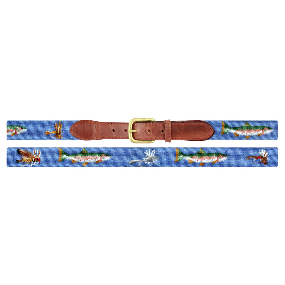 Smathers and Branson Trout and Fly Stream Blue Needlepoint Belt Laid Out 