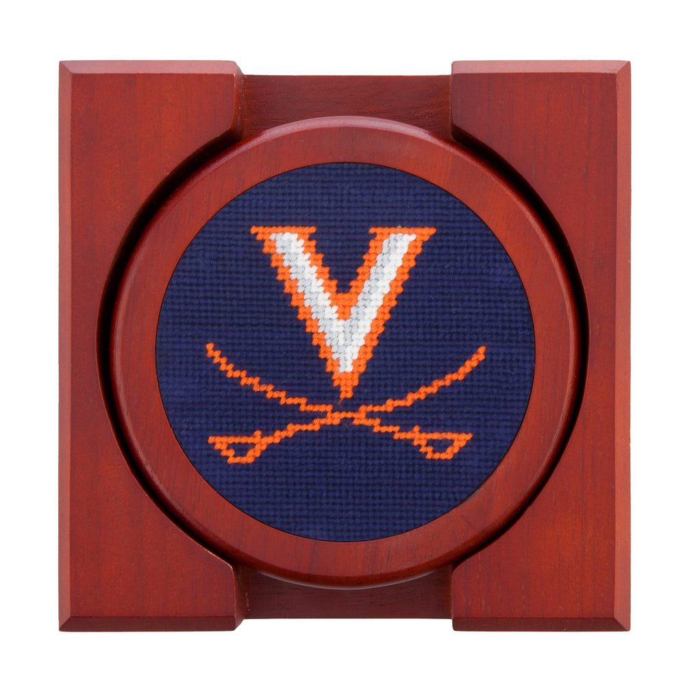 Smathers and Branson UVA Needlepoint Coasters Dark Navy with coaster holder  