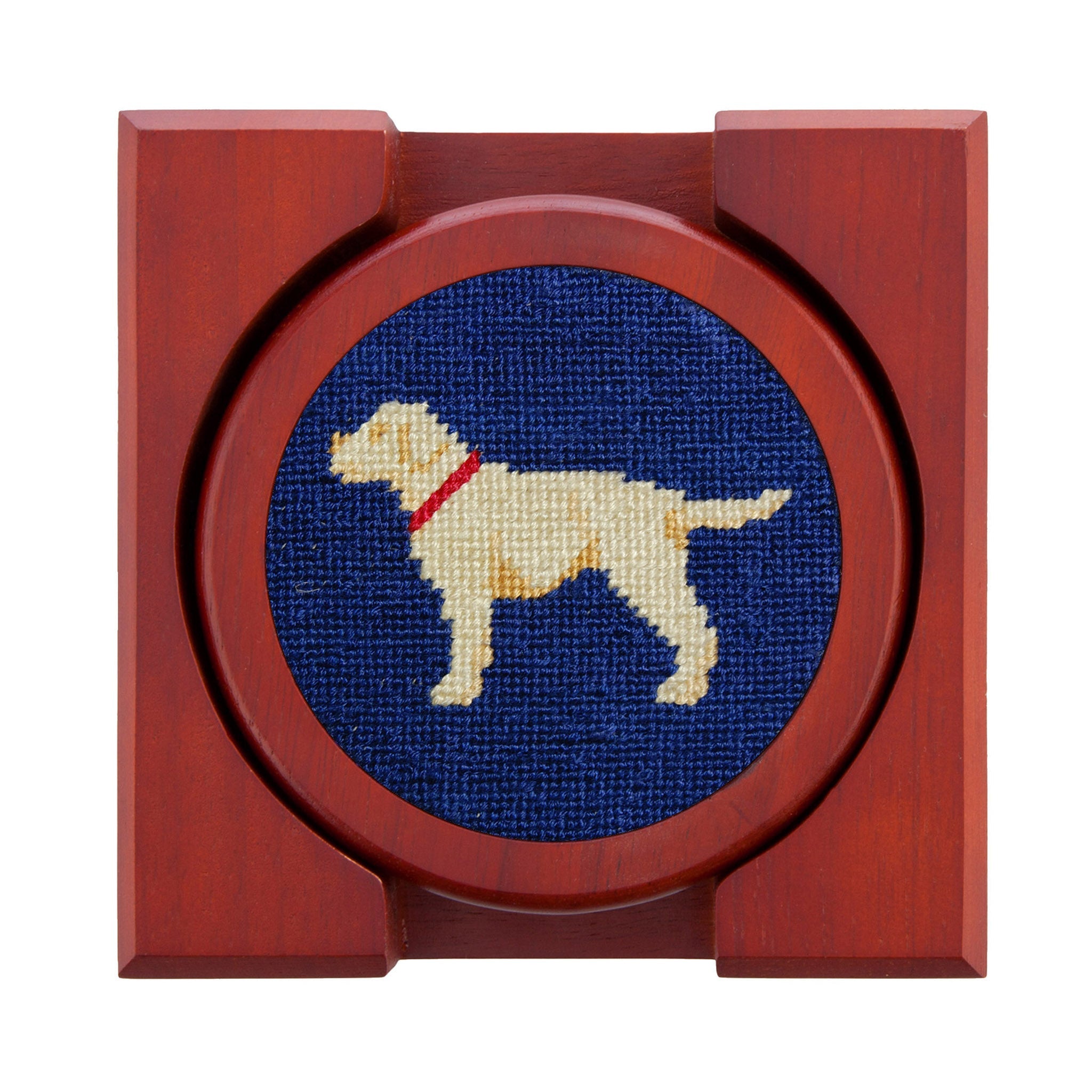Smathers and Branson Yellow Lab Classic Navy Needlepoint Coasters with coaster holder  