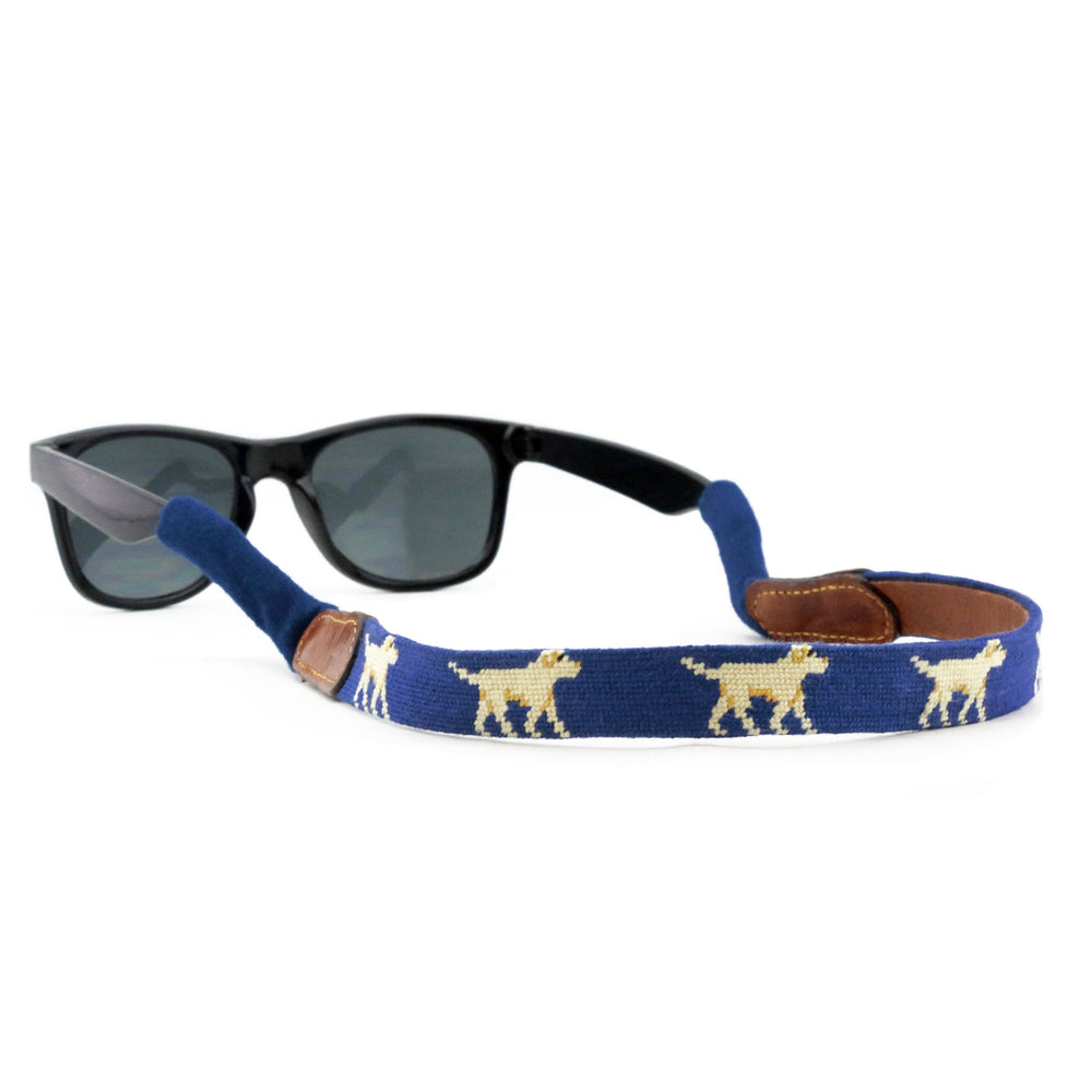 Smathers and Branson Yellow Lab Classic Navy Needlepoint Sunglass Strap Attached to glasses  